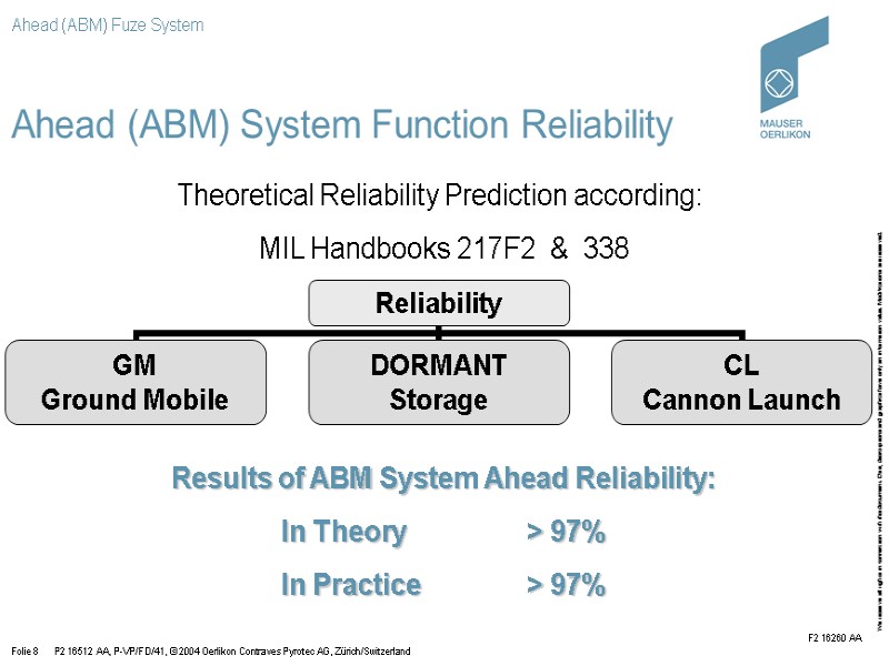 >Ahead (ABM) System Function Reliability Theoretical Reliability Prediction according:  MIL Handbooks 217F2 
